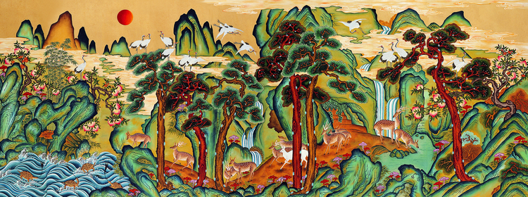 (Sipjangsaengdo) The painting depicts an imaginary world and is based on the ten long-lived creatures: sun, mountain, water, stone, cloud, pine, elixir plant, turtle, crane, and deer.