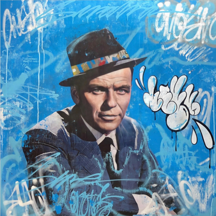 Ol blue eyes 140x140 cm acrylic, wheat-paste on canvas