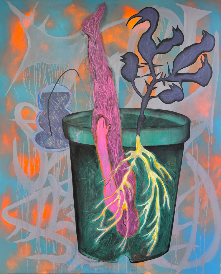 Treed Codependency (Green pot), 2023, Oil and charcoal on canvas, 160x130cm