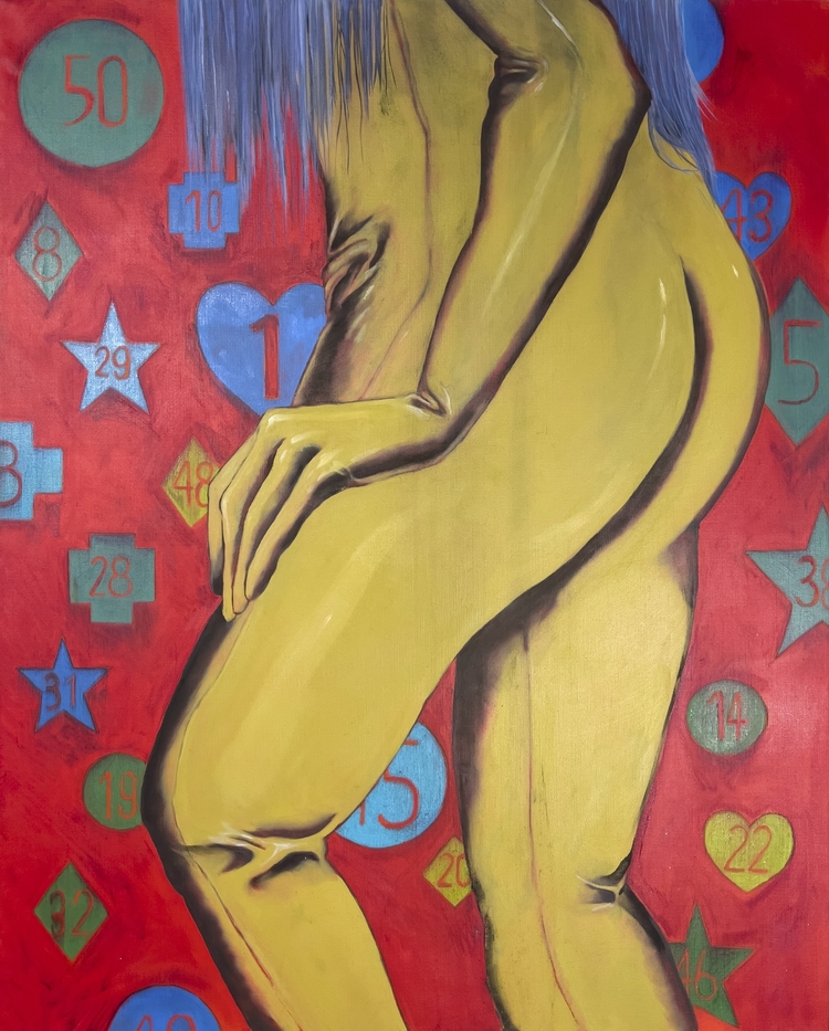 3. Treed Codependency (Yellow body suits and Blue hair), 2023, Oil and charcoal on canvas, 100x80.3cm.