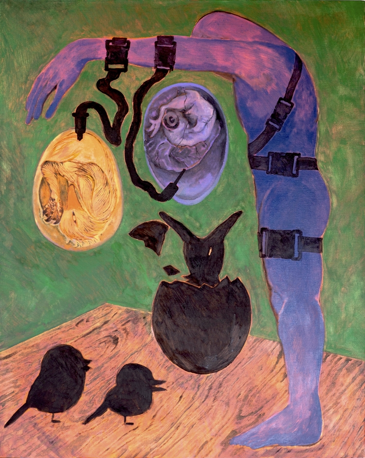 Treed Codependency (Belts and Two Embryos), 2023, oil and charcoal on canvas, 91x 72.7cm
