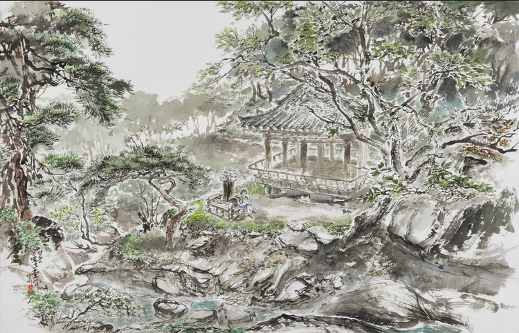 안동-명옥대- 45x71 한지에 석채